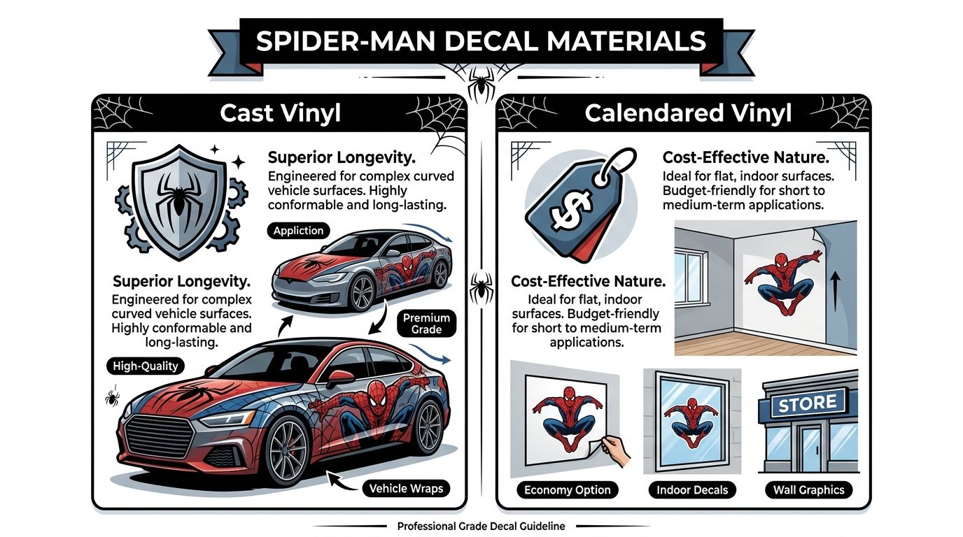 A comparative infographic illustrating the differences and applications of cast vinyl versus calendared vinyl for Spider-Man decals.