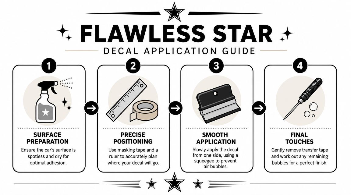 A four-step instructional infographic guide on how to correctly apply a car decal for best results.