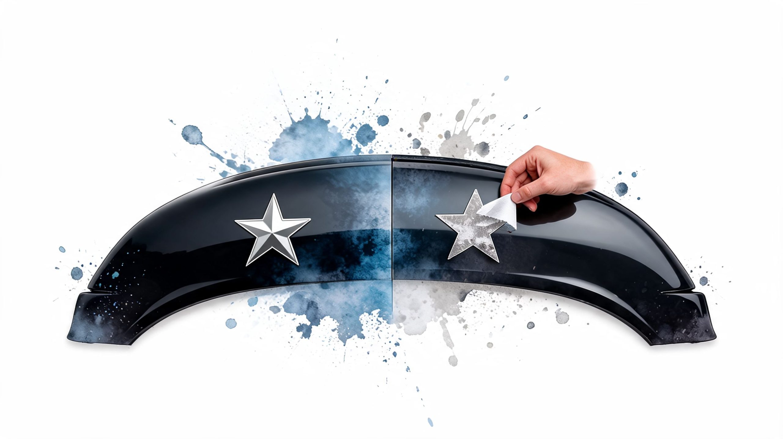 A hand peeling a star decal from a sleek black car body panel with blue paint splatters