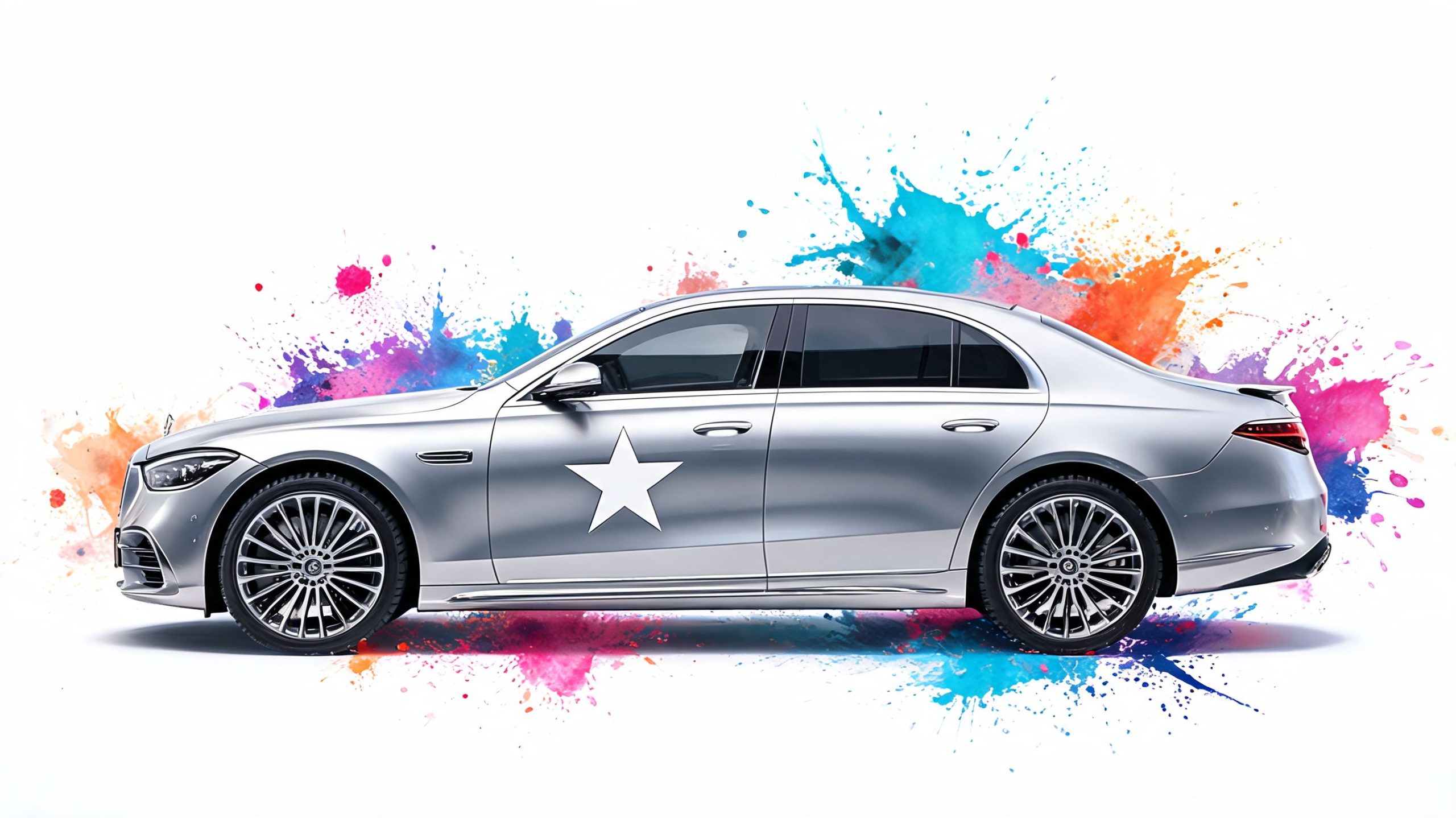 A silver Mercedes-Benz luxury sedan featuring a white star decal, set against a vibrant colorful watercolor splash background.
