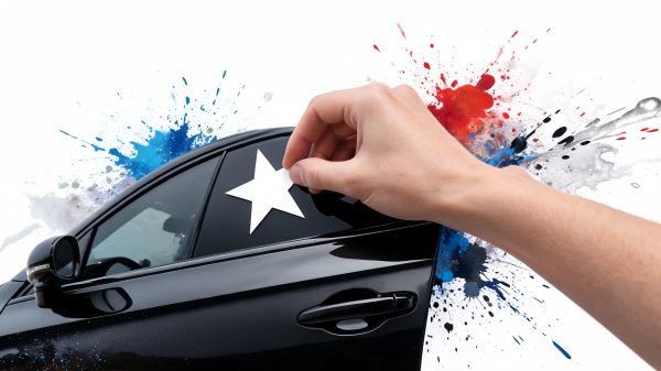 Person placing a white five-pointed star decal on a black car window with blue, red, and gray paint splashes in the background.