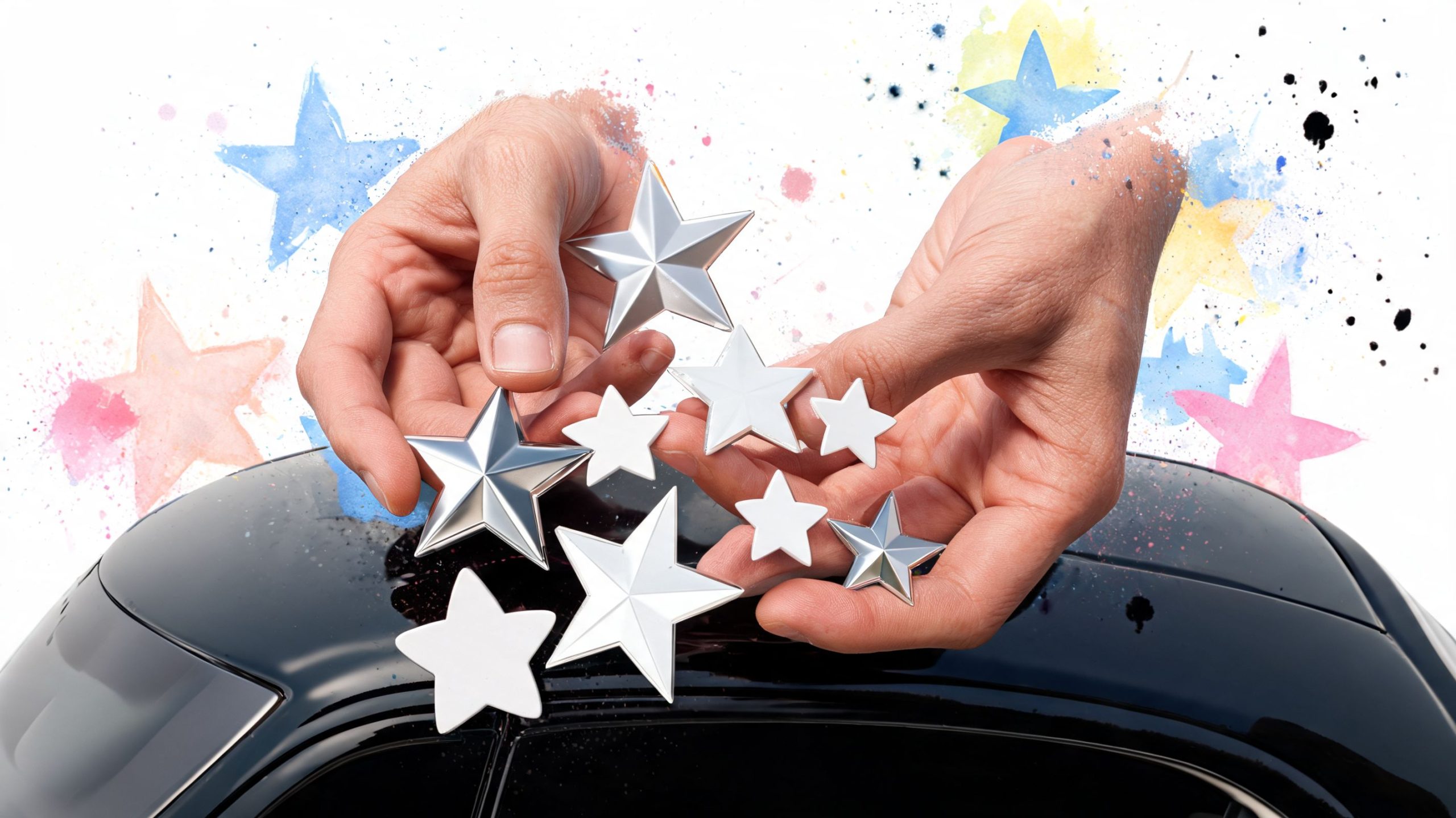 Hands holding various silver star emblems over the hood of a sleek black car, digital art style.