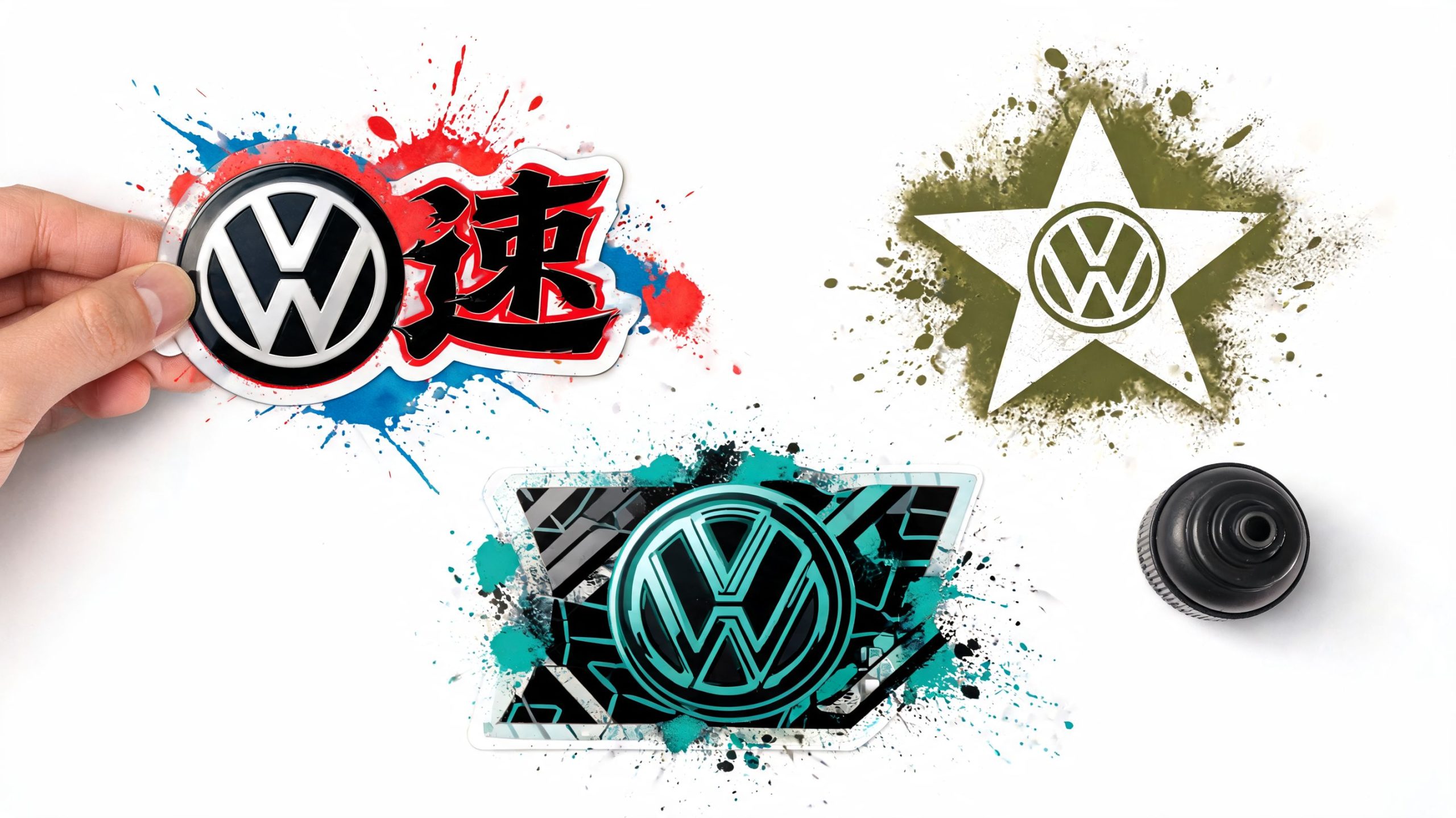 Three creative Volkswagen themed stickers displayed on a white background with a hand holding one piece.