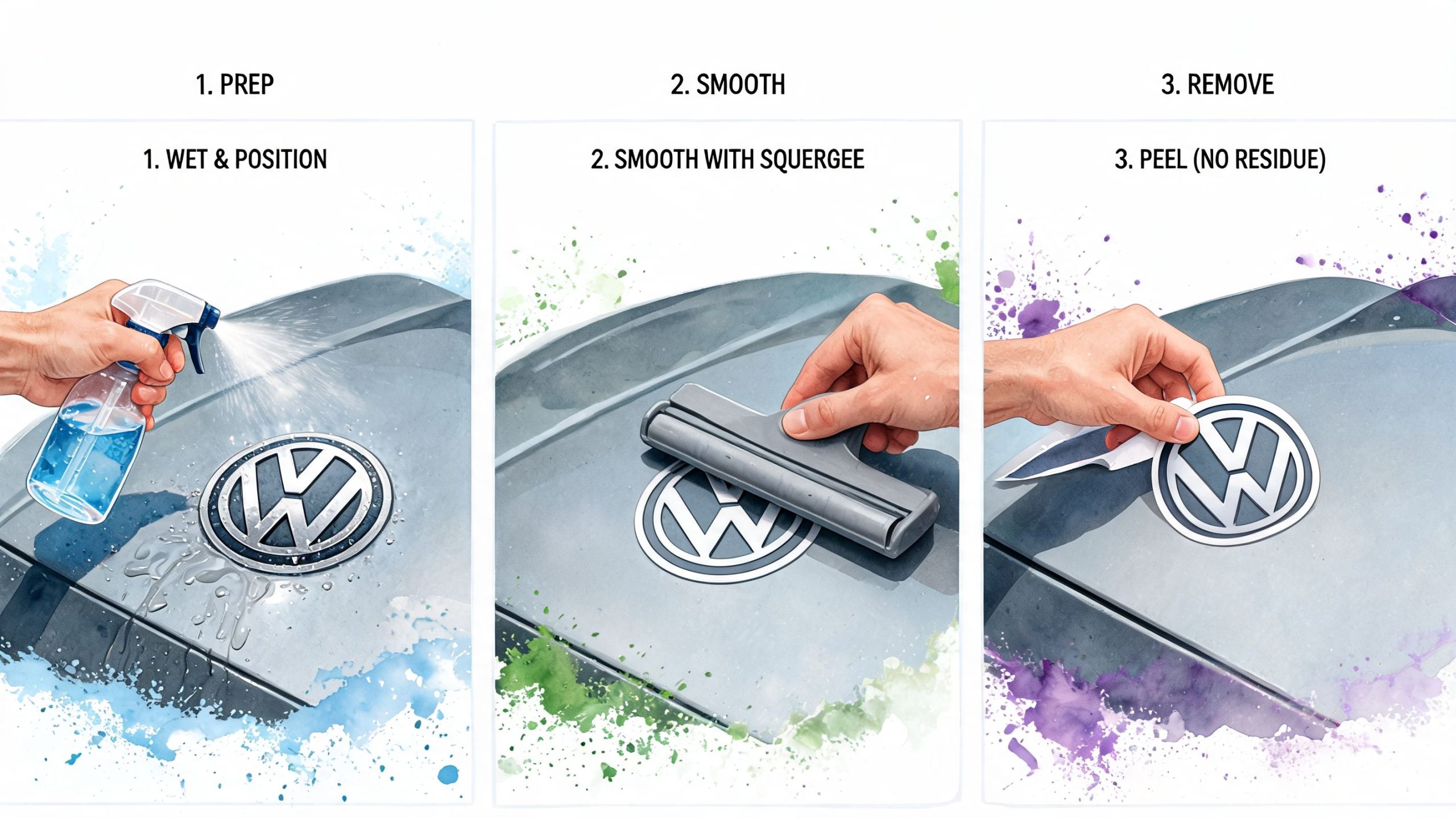 A three-step guide showing how to apply and remove a Volkswagen emblem vinyl sticker on a car.
