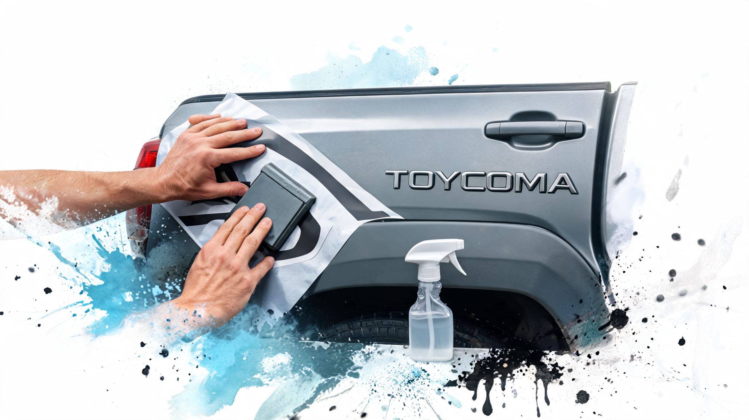A person carefully applying a decorative vinyl decal to the side of a grey Toyota Tacoma truck.