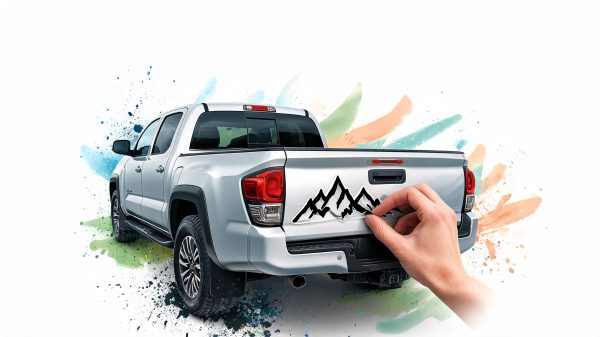 Silver pickup truck with a hand-drawn mountain decal on the tailgate set against colorful watercolor splashes behind it.