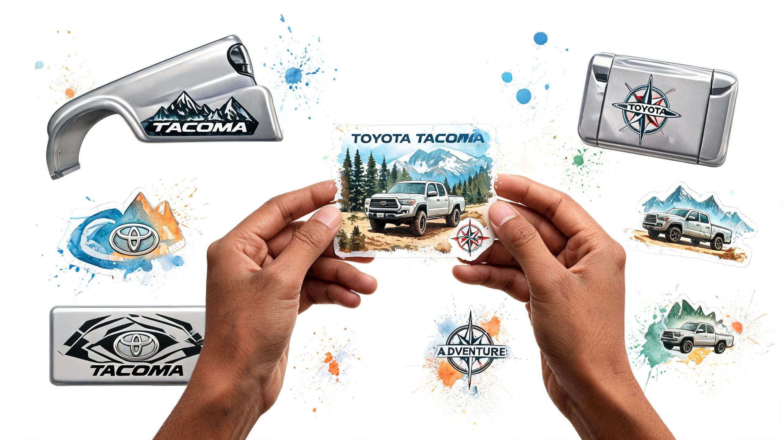Hands holding a square sticker of a Toyota Tacoma truck with mountains and a compass design.