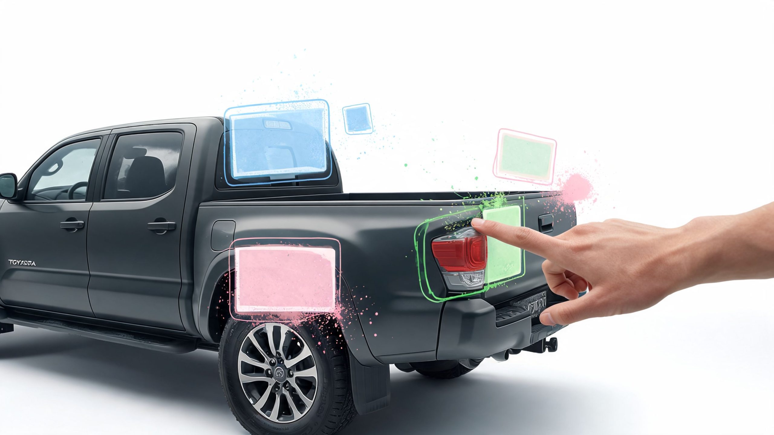 A hand pointing at the rear taillight of a dark gray Toyota Tacoma truck decorated with colorful stickers.