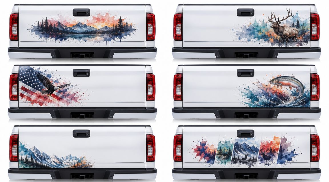 A display showing six different watercolor-style landscape and wildlife designs for truck tailgate decals.
