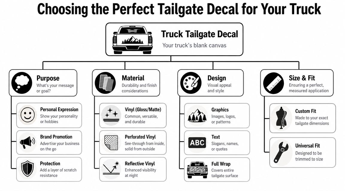 An infographic titled Choosing the Perfect Tailgate Decal for Your Truck detailing material, design, and sizing options.