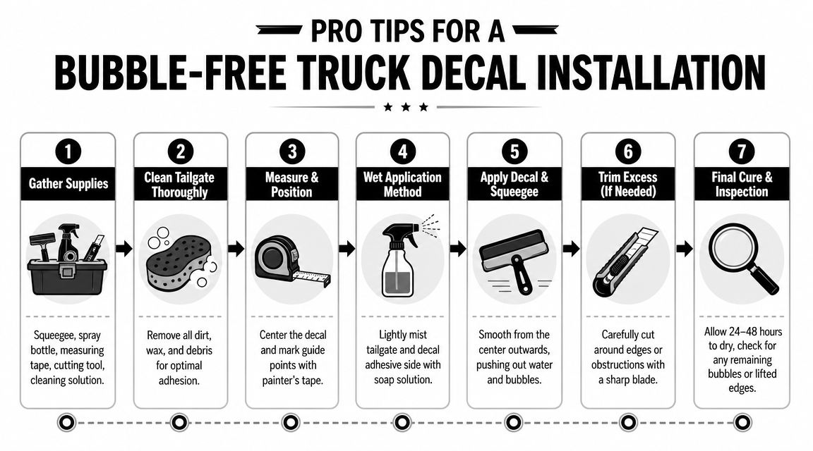 A seven-step instructional infographic guide for applying truck tailgate decals for a professional, bubble-free finish.