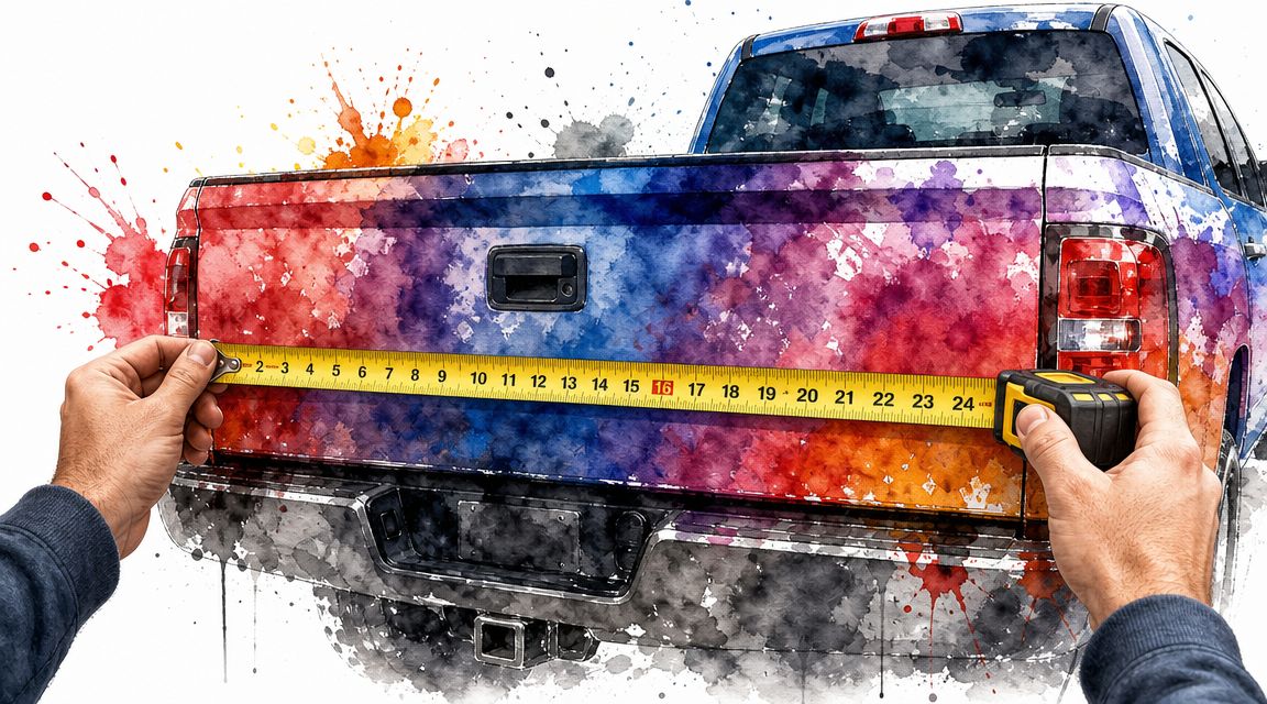 A person measuring a truck tailgate with a watercolor design using a yellow tape measure.