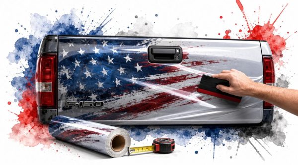 Person smoothing a USA flag decal onto a pickup truck tailgate, with a roll of decal and a tape measure nearby.