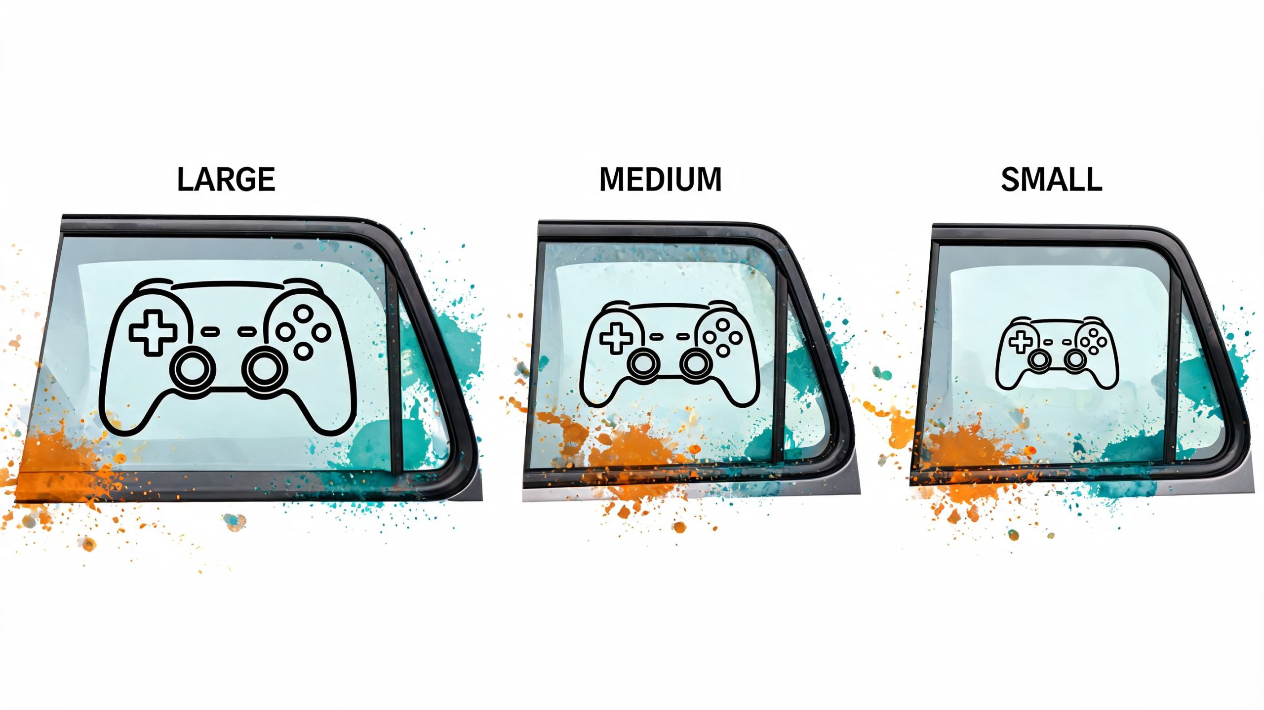 Three car window shaped decals featuring video game controller icons in large, medium, and small sizes.