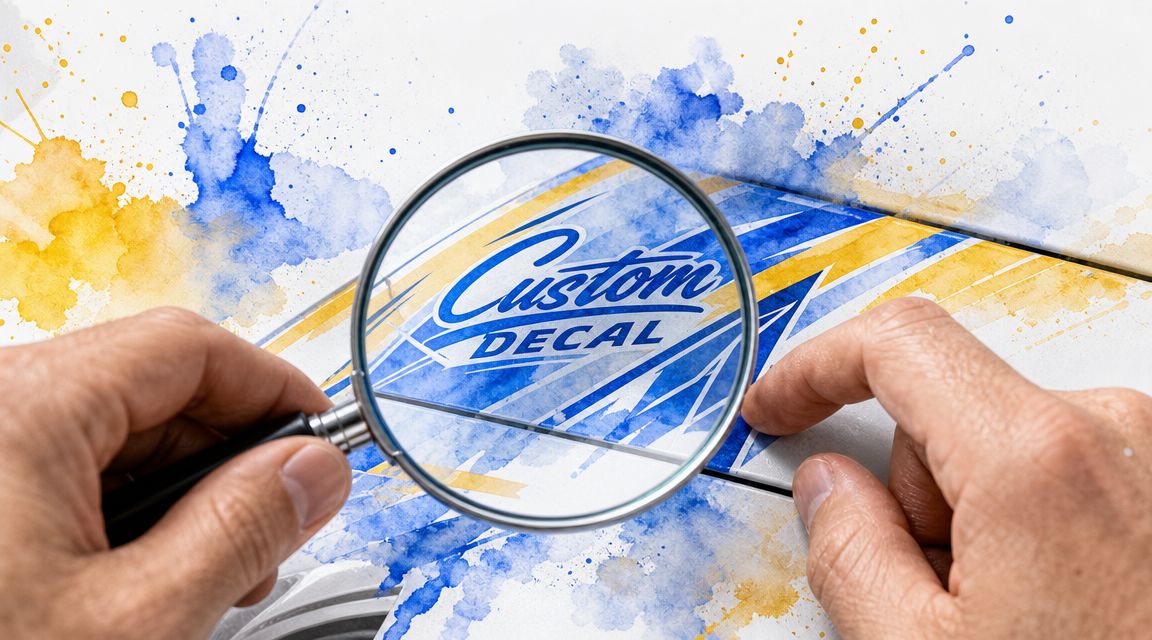 A person using a magnifying glass to inspect a custom vinyl car decal design on a vehicle surface.