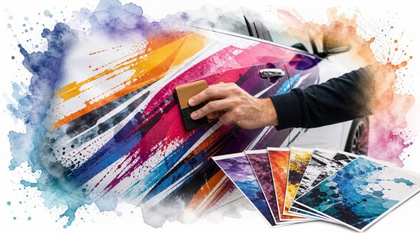Person airbrushing a car door with bright paint strokes, with color swatch cards in the foreground as samples for customization.