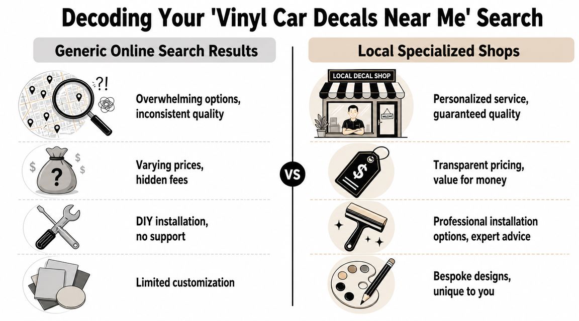 A comparison chart showing the benefits of local decal shops over generic online search results.