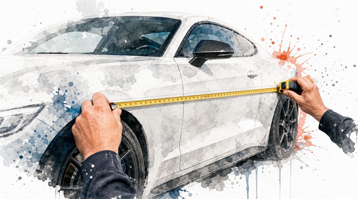 A close-up view of a person using a yellow tape measure to measure the side of a car.