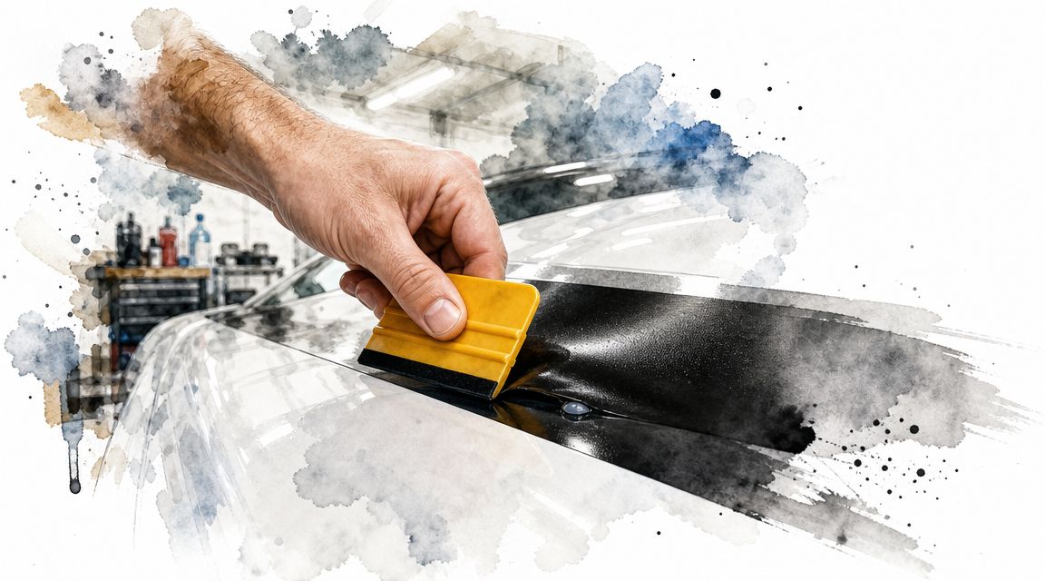 A professional technician applies a black vinyl stripe to a white car using a yellow squeegee tool.