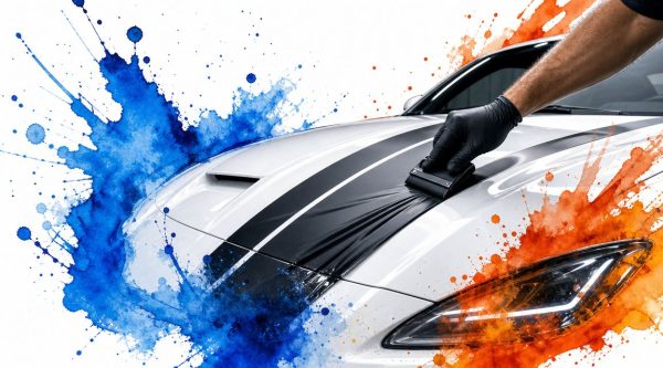 Hands in black glove polishing the hood of a silver car with blue and orange paint splashes in the background.