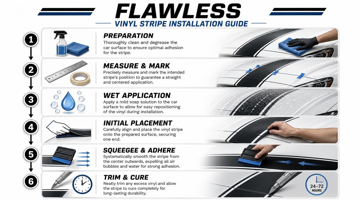 A six-step instructional guide showing the process of installing vinyl stripes on a car hood.