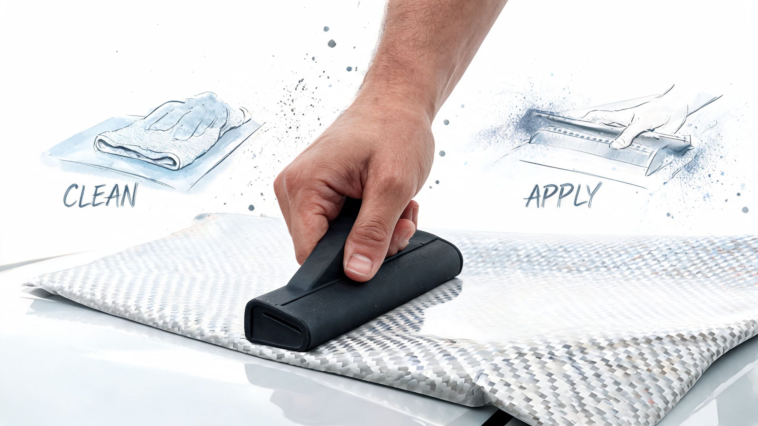 A hand using a black squeegee tool to apply white carbon fiber wrap to a car surface.
