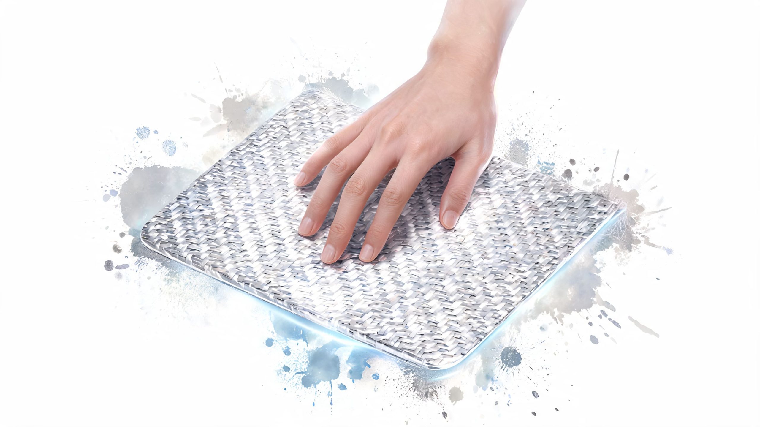 A human hand gently touching a textured piece of silver white carbon fiber wrap material.