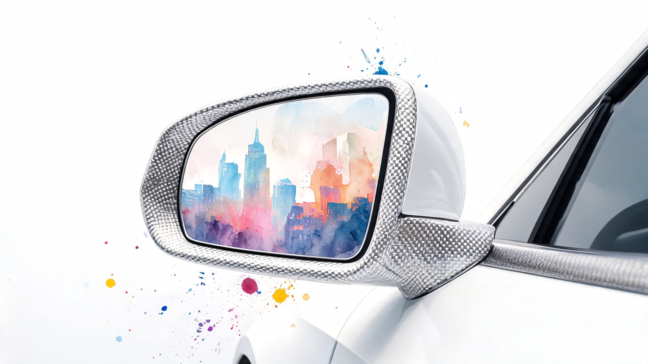 A close-up view of a car side mirror featuring a white carbon fiber texture with watercolor cityscape reflection.