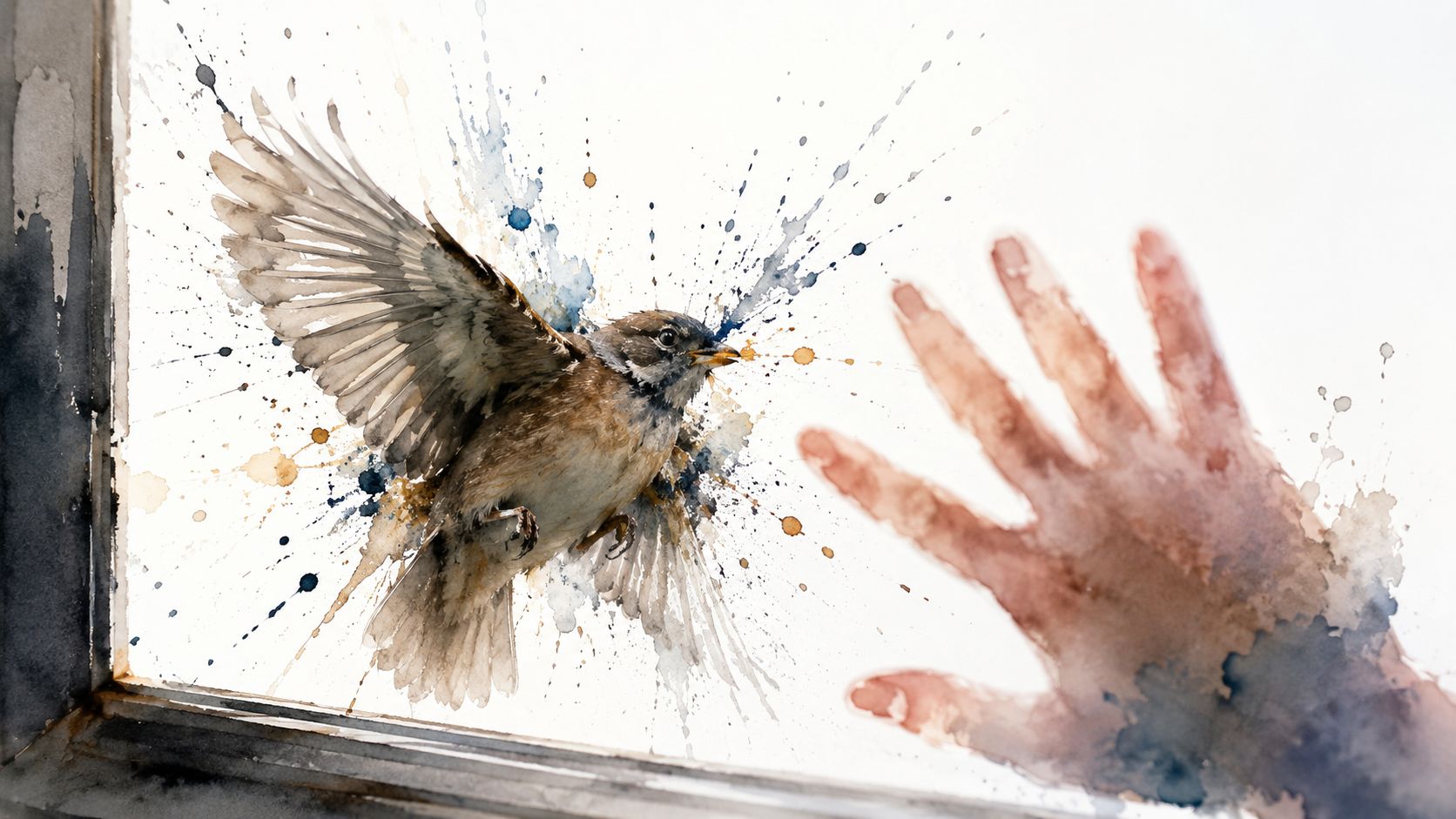 A watercolor painting showing a sparrow flying near a window with a human hand reaching out.