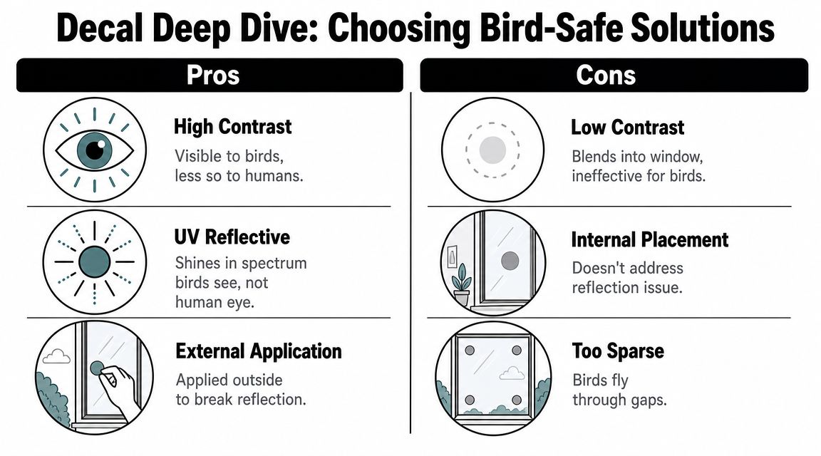 A comparison chart showing pros and cons of different window decals to prevent bird strikes.