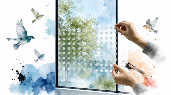 window-decals-to-keep-birds-from-hitting-bird-stickers | Custom Sticker Shop Hands apply a dotted privacy/decorative film to a glass window, with watercolor birds and splashes in the background.