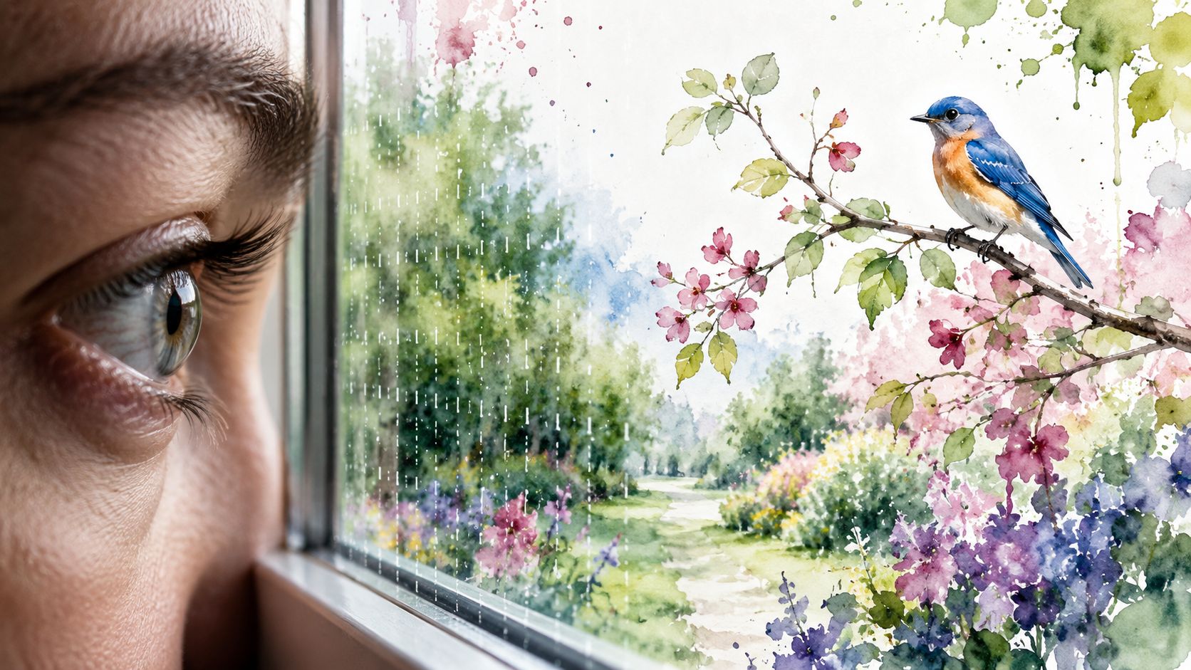 A close up of a person looking through a rain-streaked window at a blue bird on a branch.