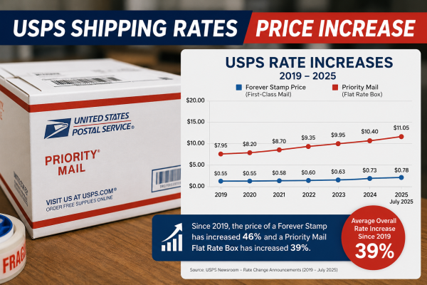 0f00c3eb-71c9-4f56-8b70-9228f694e6c0 | Custom Sticker Shop Boxed USPS Priority Mail on a wooden desk with an overlaid chart labeled USPS Rate Increases 2019–2025 showing Forever Stamp and Priority Mail price trends, plus a red 39% circle at the bottom right.