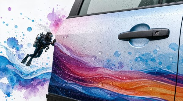 SCUBA diver in full gear swimming beside a multicolored van wrapped with watercolor waves and water droplets on the surface.