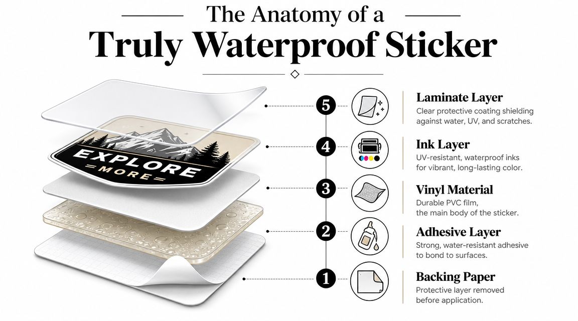 A diagram explaining the five protective layers that make a vinyl sticker durable and waterproof.