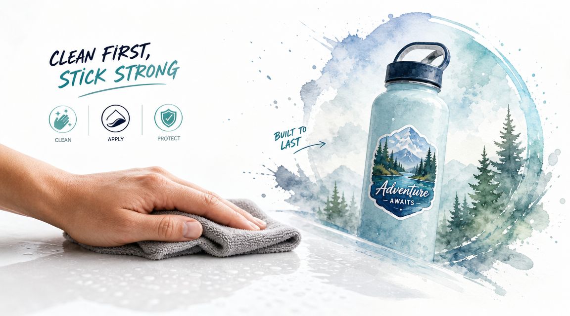 A hand wipes a smooth surface clean next to a water bottle decorated with a mountain scene sticker.