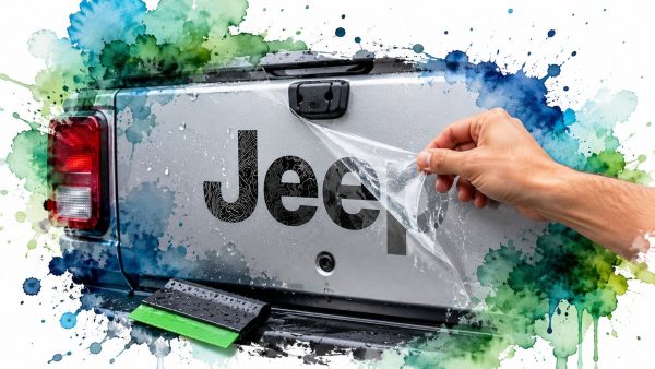 Hand peeling protective plastic from a silver Jeep tailgate with colorful watercolor splashes in the background.