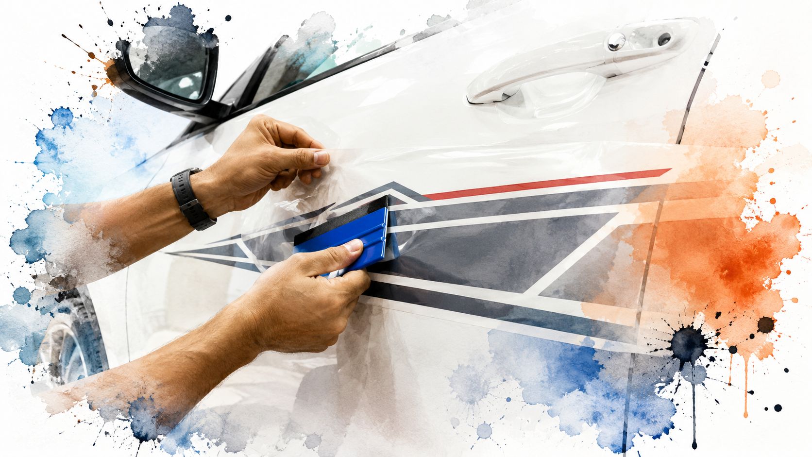 A professional technician carefully applies custom vinyl decals to the side of a white car.