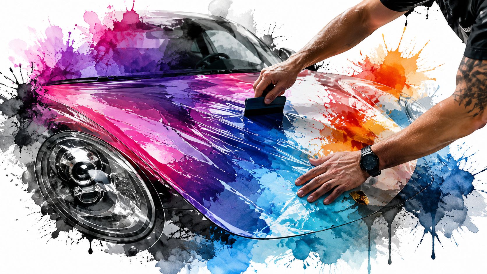 A professional technician carefully applying a vibrant, multicolored vinyl wrap to a Porsche car hood using a squeegee.