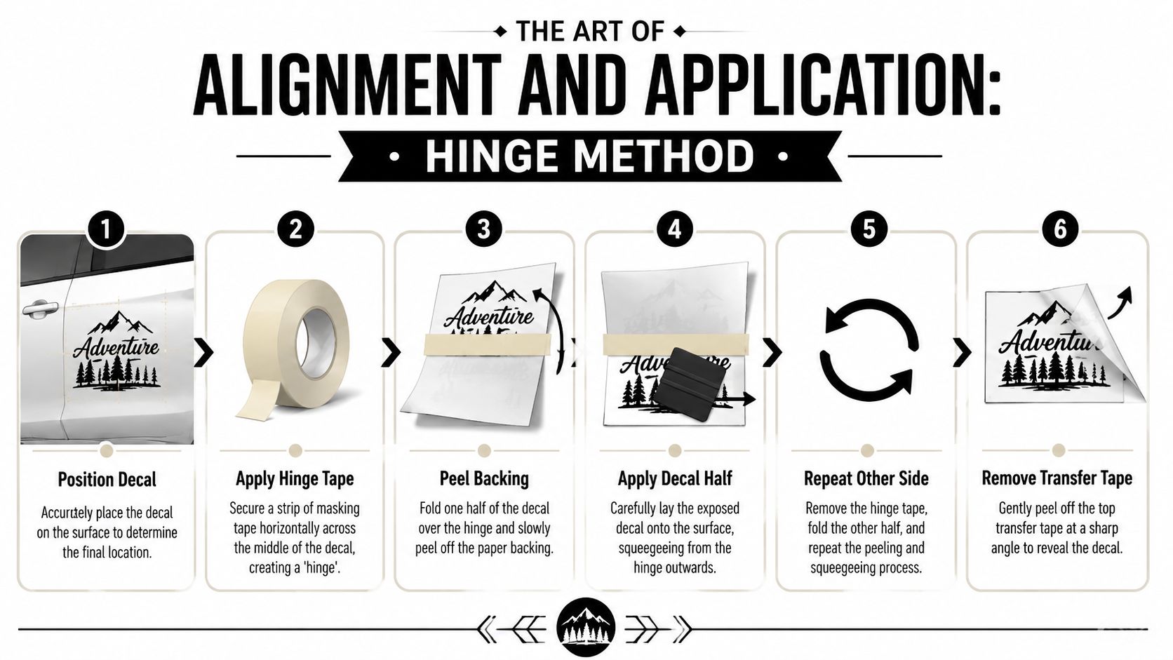An instructional infographic detailing six easy steps for applying a vinyl decal using the hinge method.