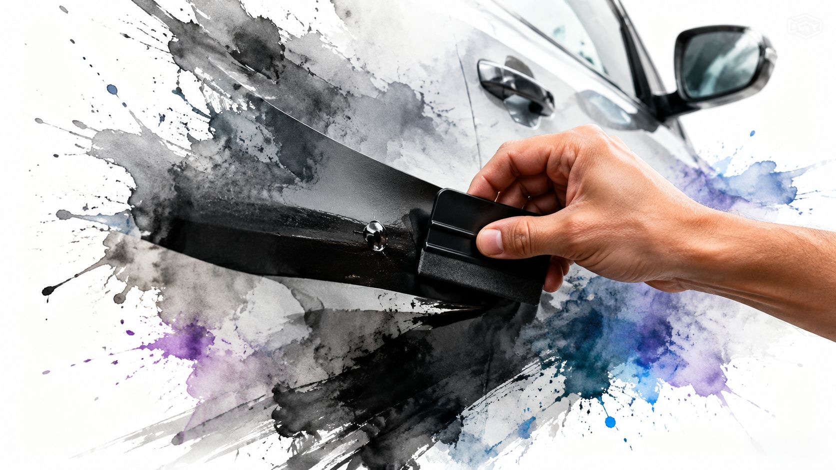 A professional hand using a squeegee to apply a black vinyl decal onto a car door panel.