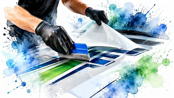 Hands in black gloves apply blue vinyl wrap to a car with a squeegee, smoothing the sheet on the hood.