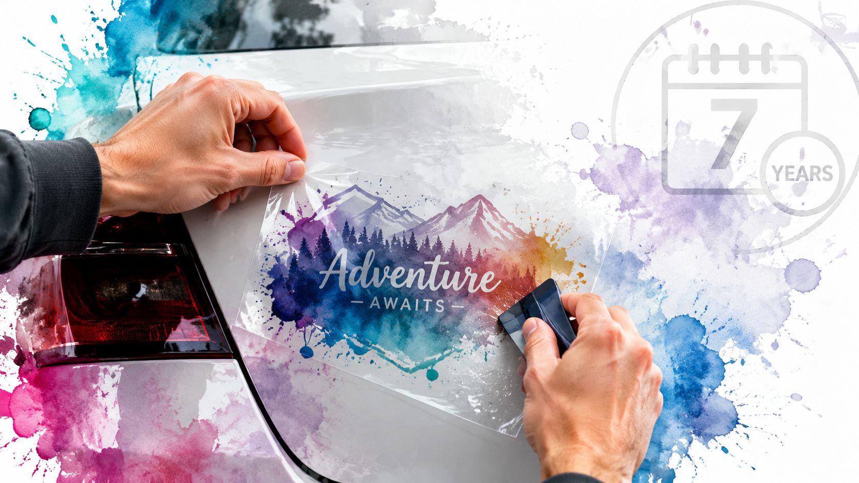 A person carefully applying a decorative watercolor adventure decal onto the back of a white car.