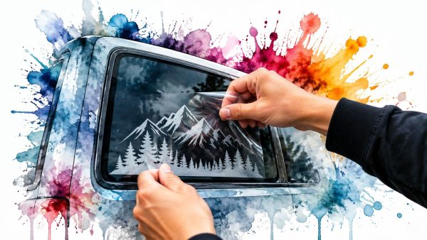 Person applying a transparent mountain landscape sticker to a car window with a colorful paint-splatter background.