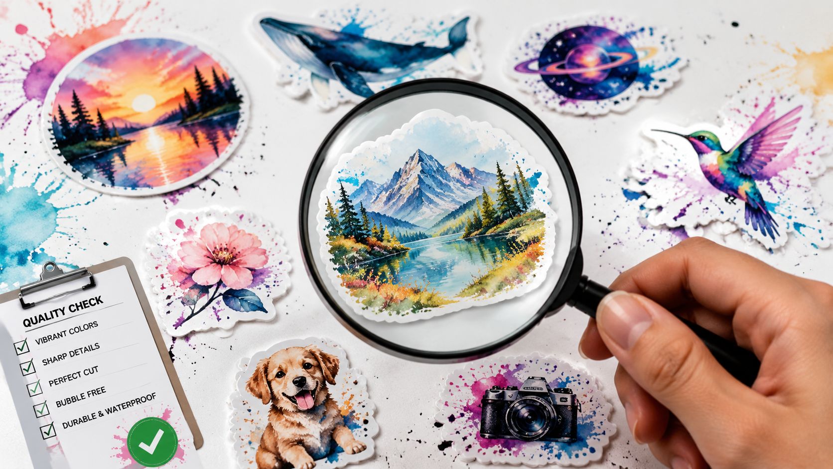 A hand holding a magnifying glass over a mountain landscape sticker surrounded by various artistic vinyl stickers.