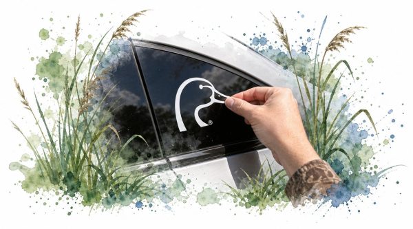 Person applying a white bird logo decal to a car window with a watercolor splash background.