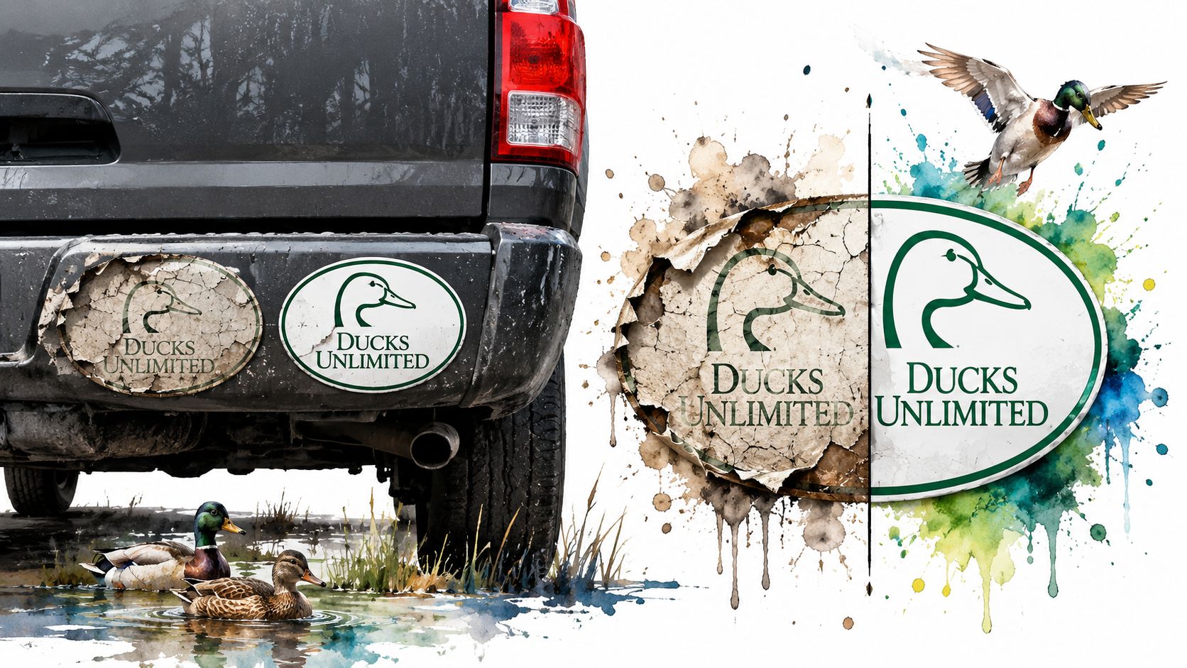A digital illustration showing a Ducks Unlimited sticker transitioning from weathered to new on a truck bumper.
