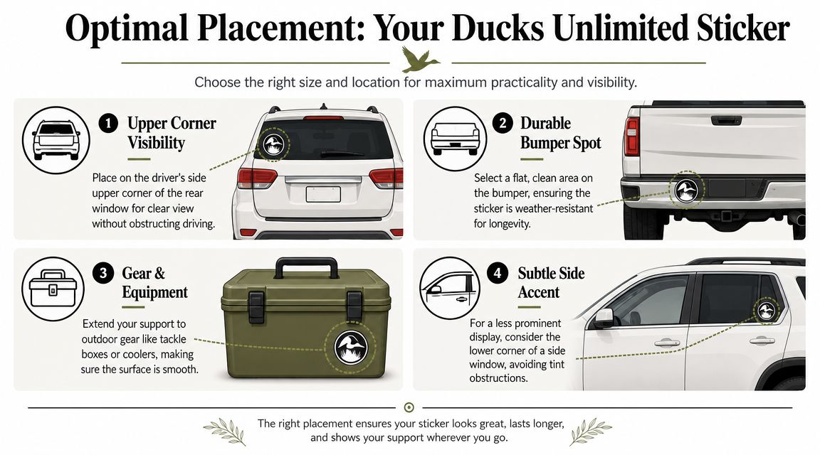 An infographic showing four optimal placement locations for applying a Ducks Unlimited circular vinyl sticker.