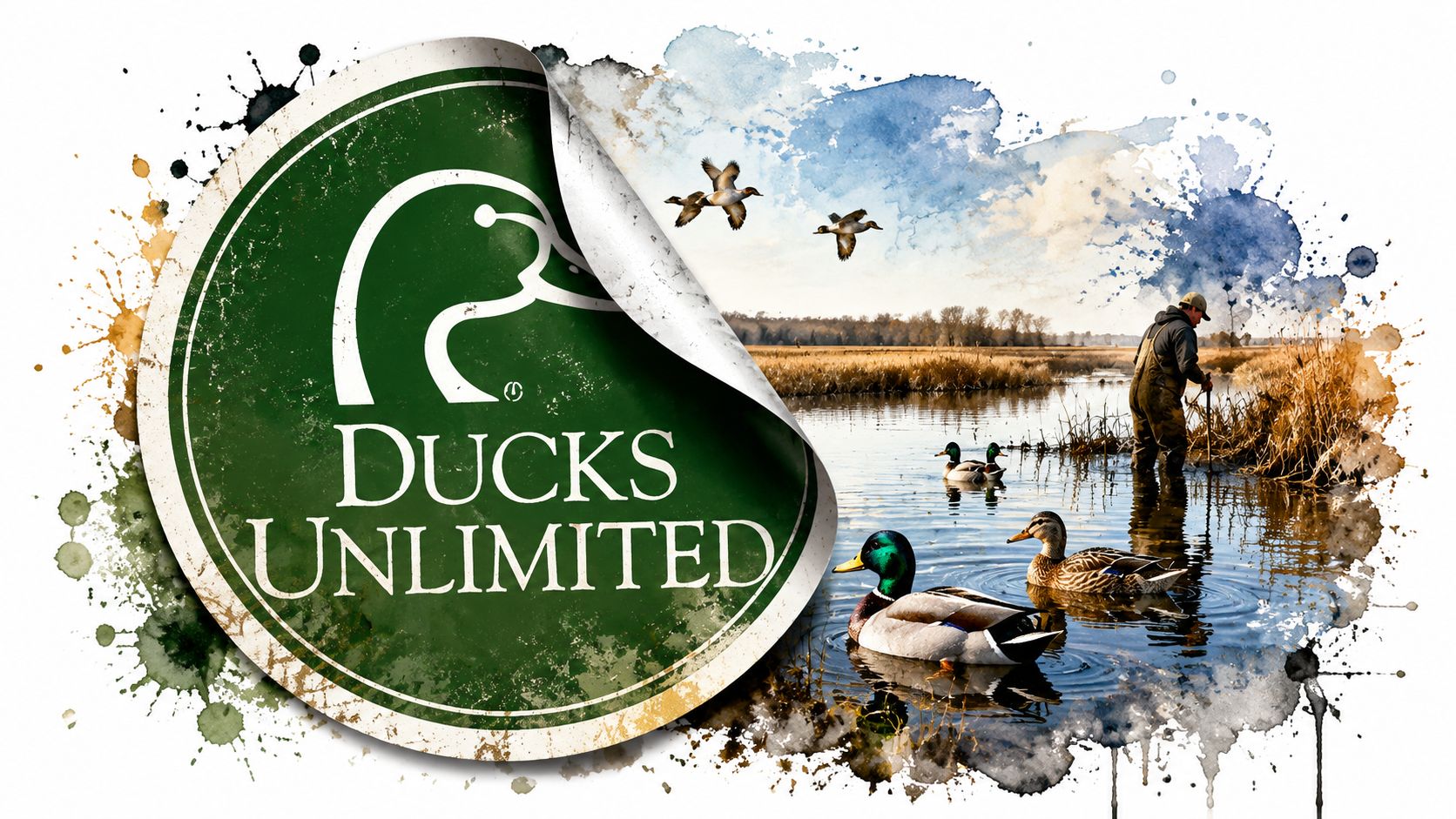 A Ducks Unlimited sticker peeling back to reveal a scenic wetland landscape with a hunter and ducks.