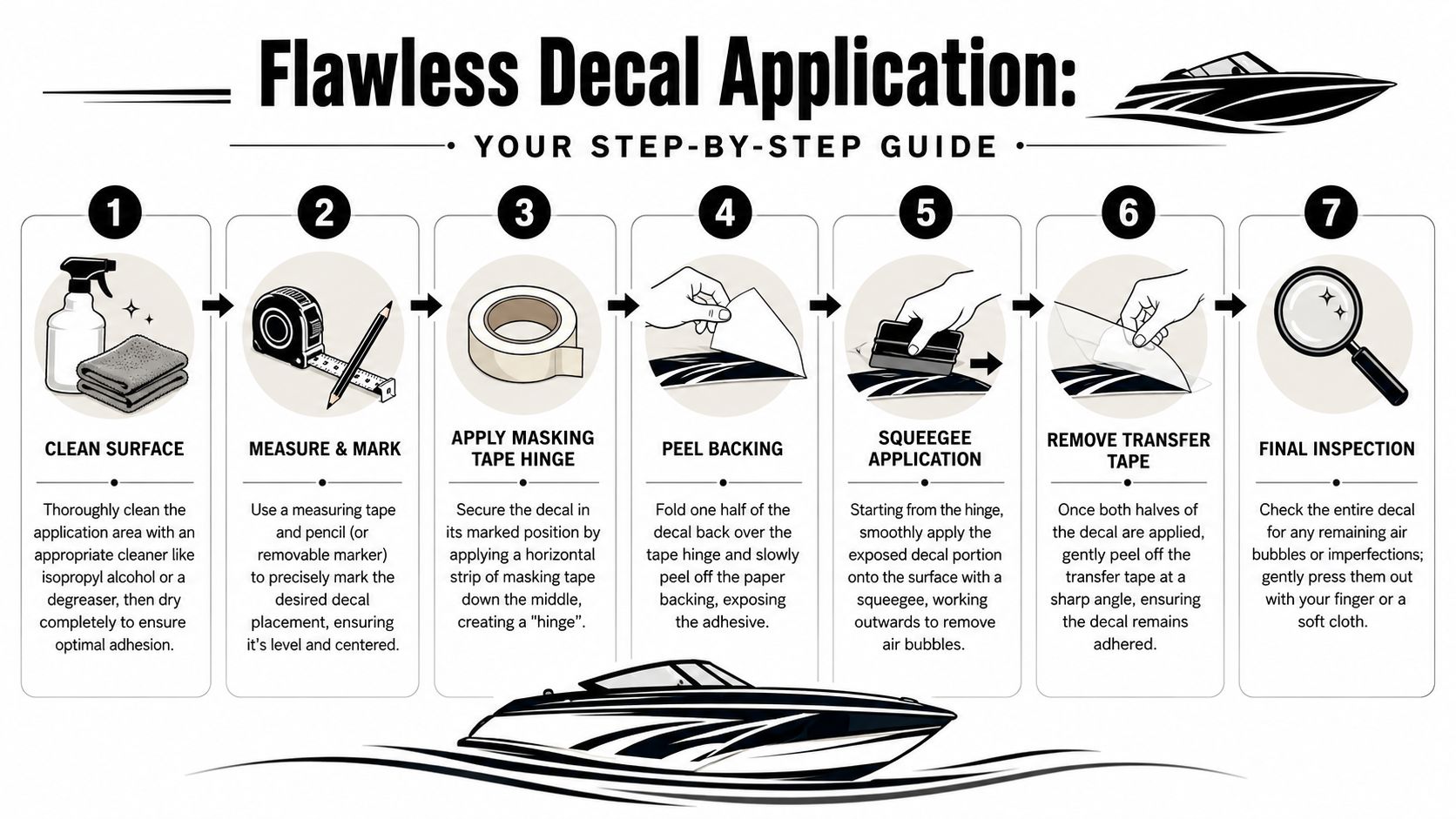 A seven-step instructional infographic guide for applying vinyl decals to a boat surface.
